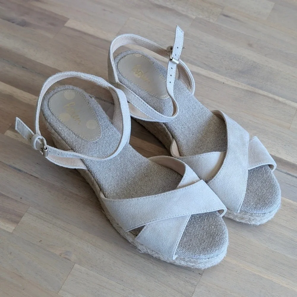 Boden Suede Espadrille Wedge Sandals Beige Platform Ankle Strap Size 40‎ (US 9)